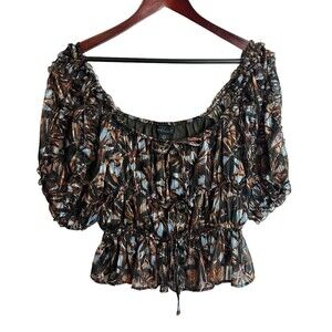 House of Harlow 1960 Puff Sleeve Blue Brown Blouse Top size Small Cropped